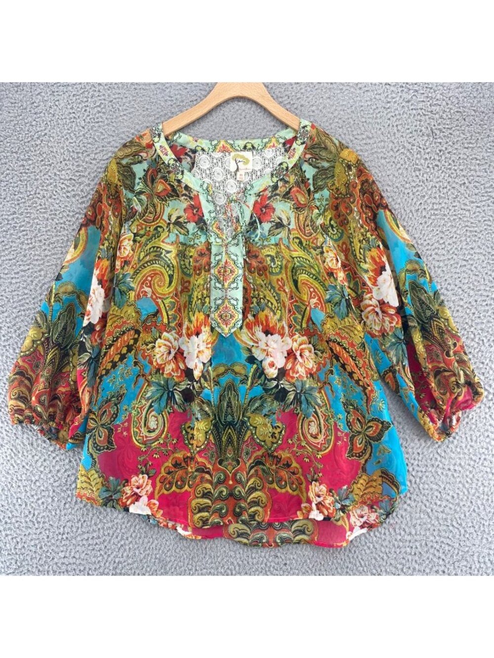 Fig & Flower Top Women Medium Blue Multi Floral Lace Back Balloon Sleeve Blouse*